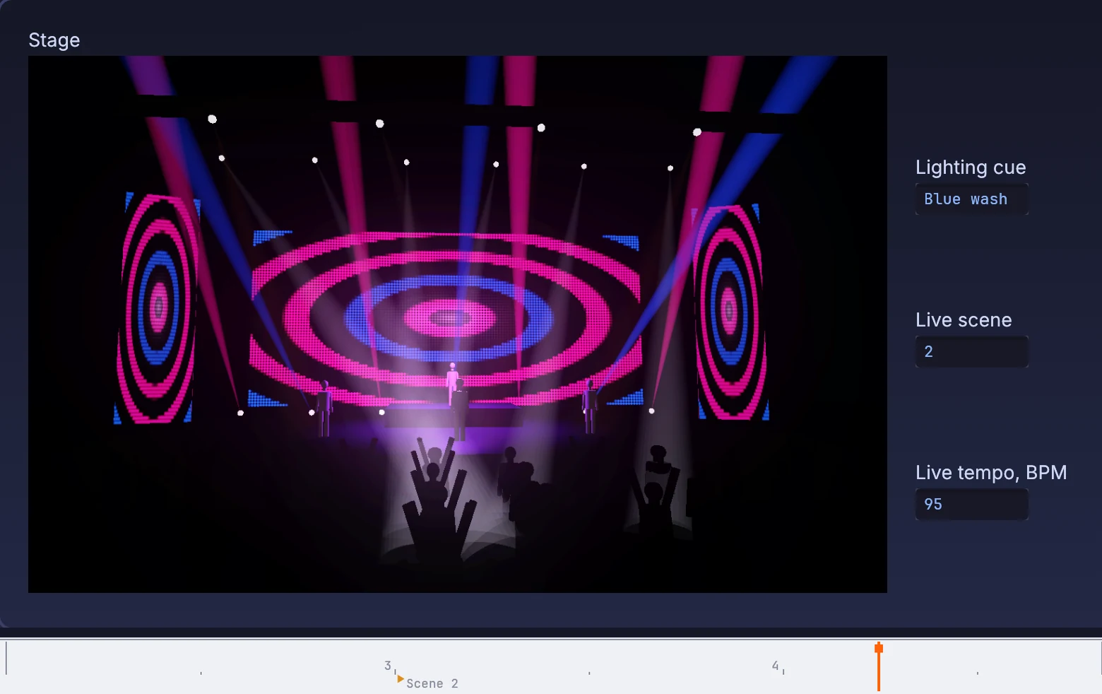 the playhead past the Scene 2 marker; Live reports scene 2 and the stage is on the blue lighting cue
