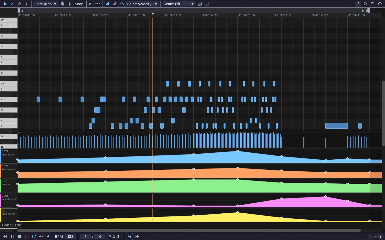 a melody in the piano roll, with the filter sweep and four more lanes drawn underneath