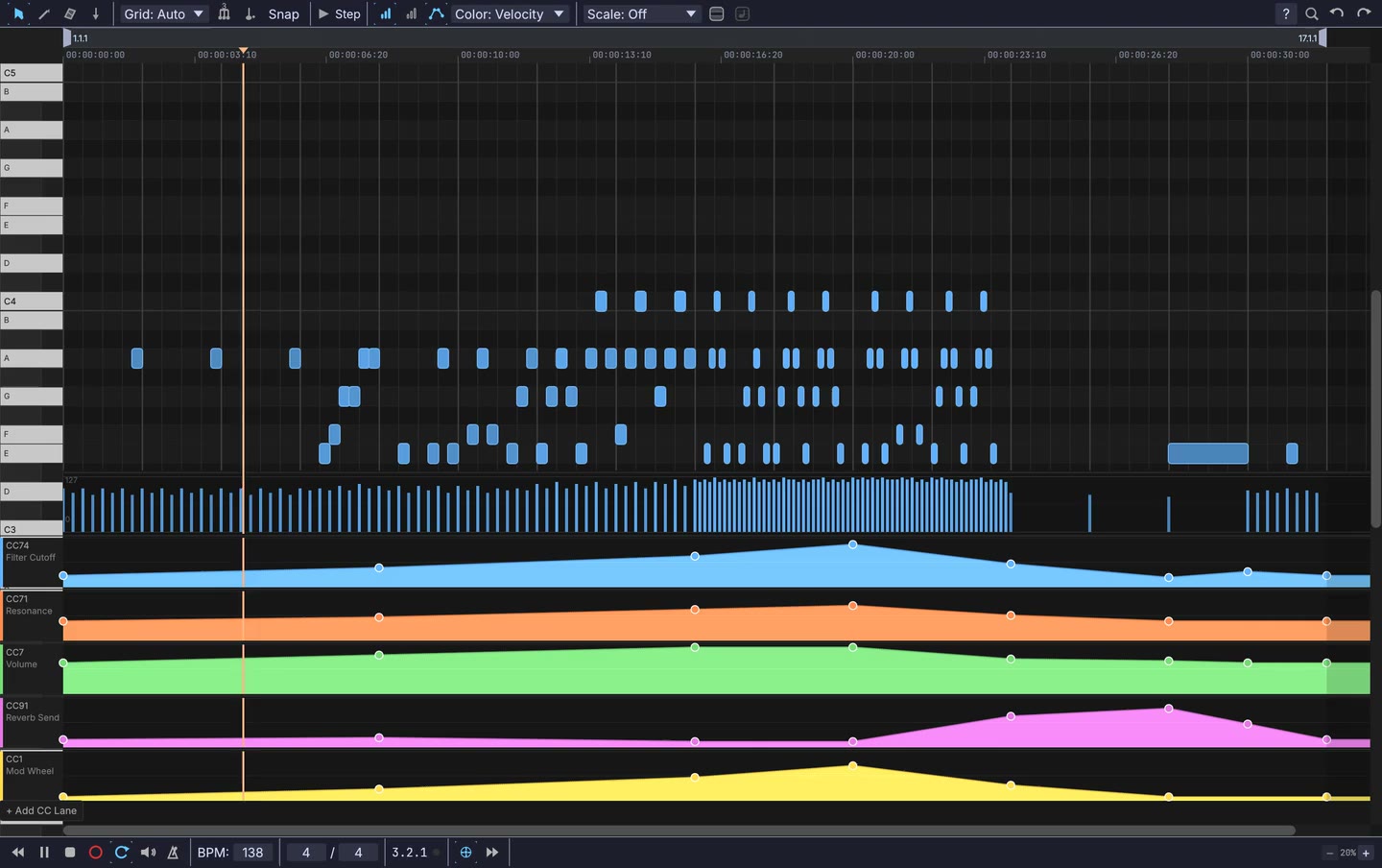 a loop playing in the piano roll, and a song driving a picture