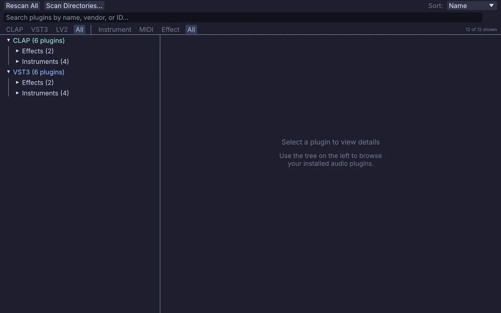 the plugin manager, listing the CLAP and VST3 plugins found on this machine