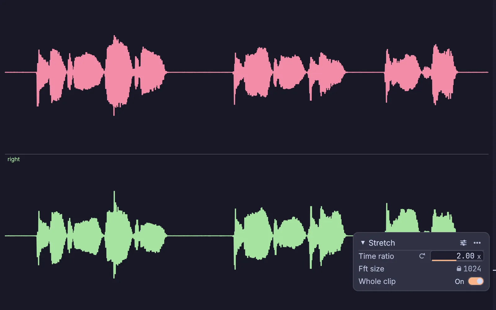 a voice stretched to twice its length, with the stretch settings open over it