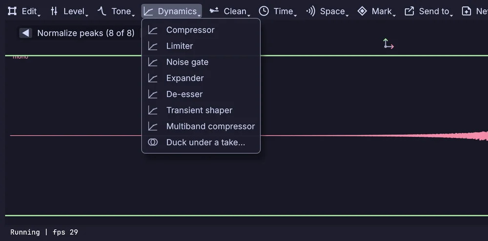 the Dynamics menu open: compressor, limiter, noise gate, expander, de-esser, transient shaper, multiband compressor and duck under a take