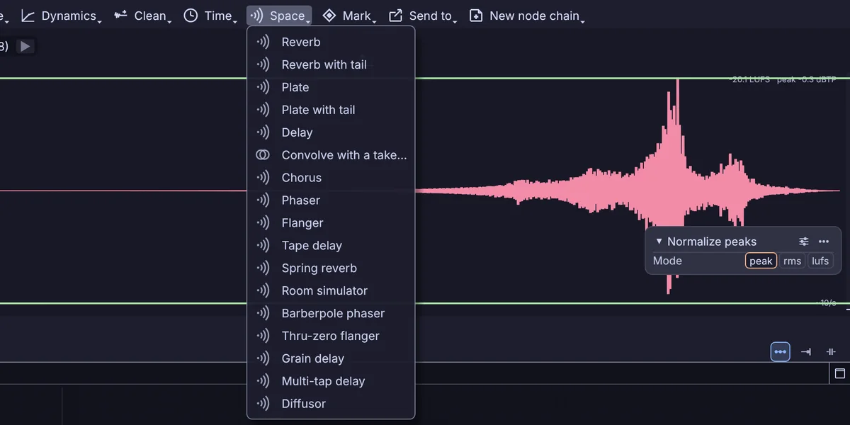 the Space menu open over a finished swell: reverbs, plates, delays, a convolver, flangers, phasers, a room simulator and a diffusor