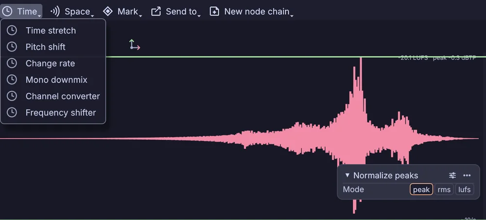 the Time menu open: time stretch, pitch shift, change rate, mono downmix, channel converter and frequency shifter
