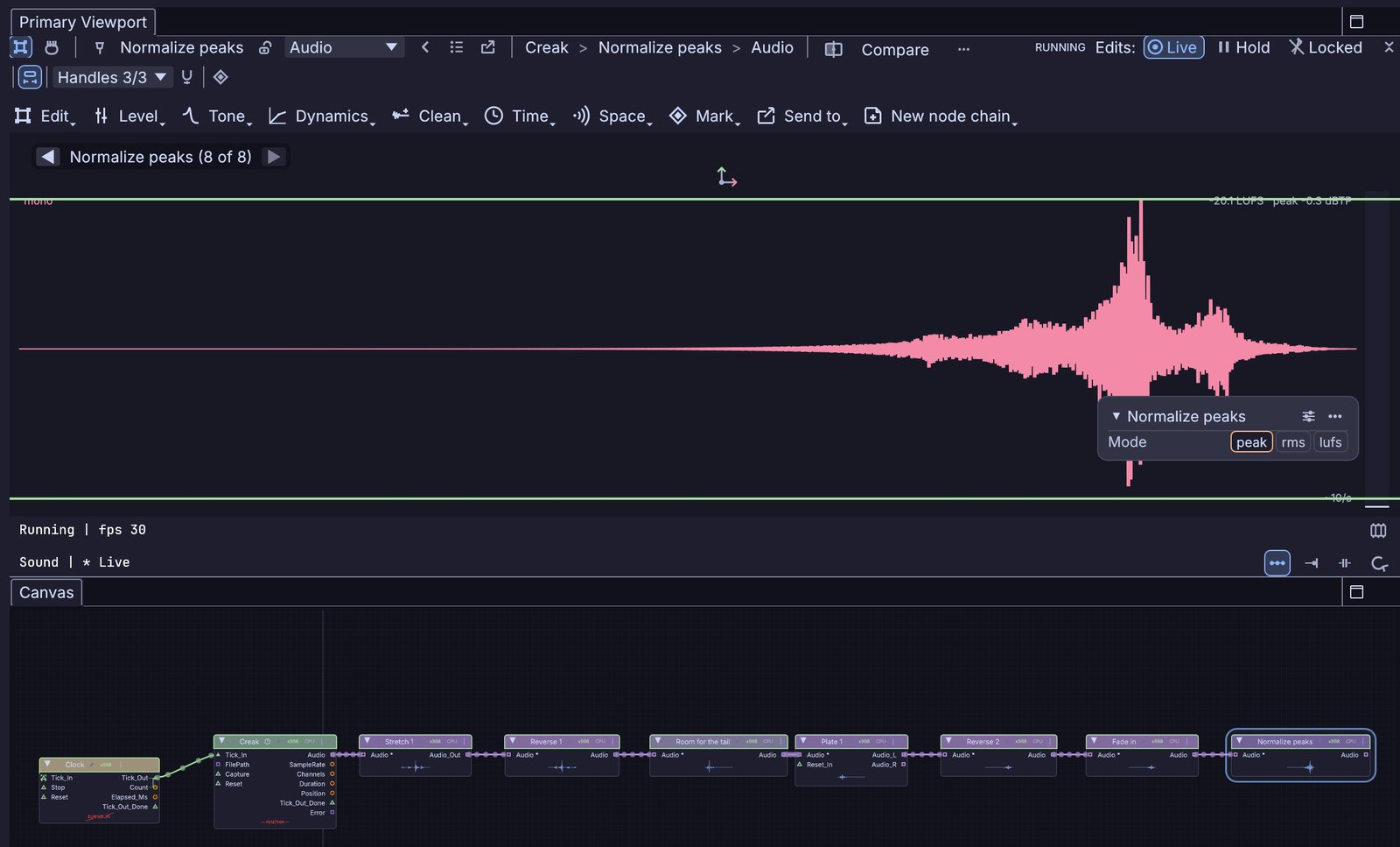 the Sound pane stepping through eight edits on a creak: stretched, reversed, given room for a plate tail, reversed again into a swell, faded in and normalized, with each edit a node on the canvas below