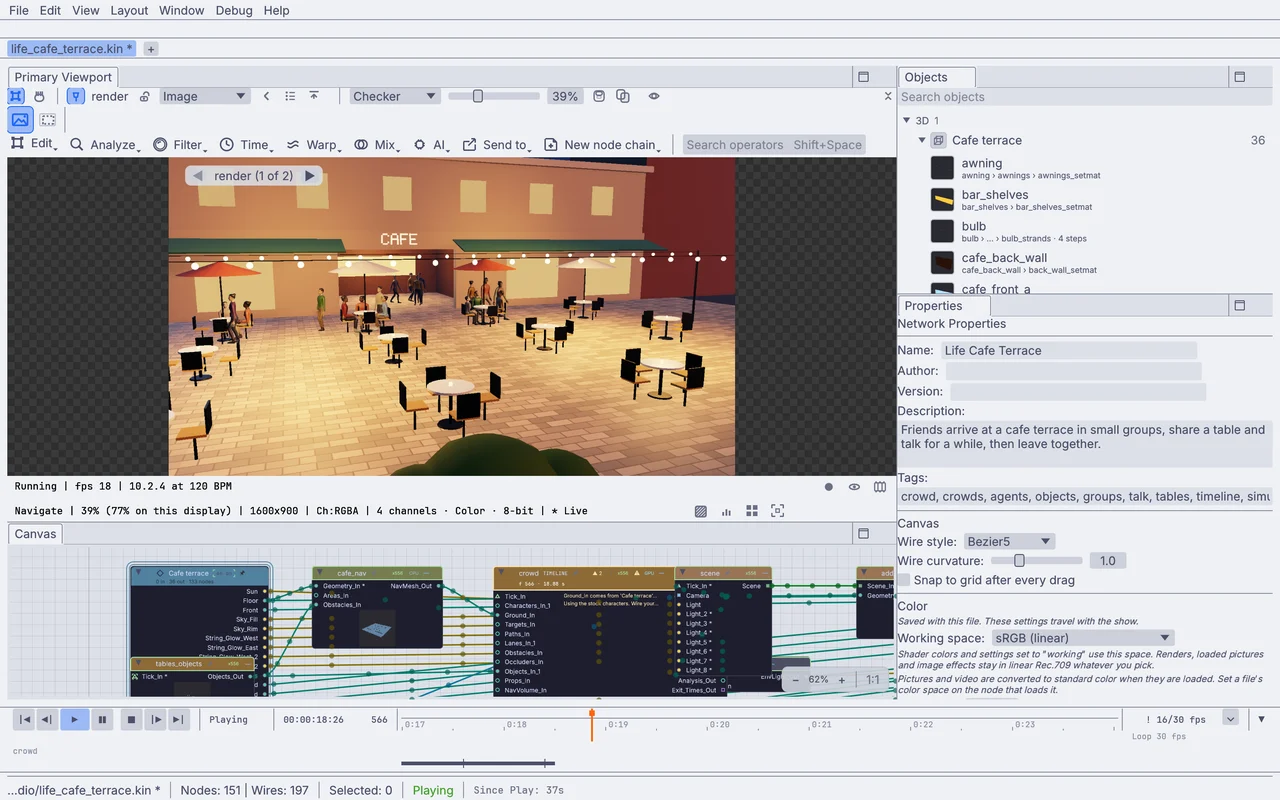 the cafe terrace playing in the app, its crowd node on the canvas below