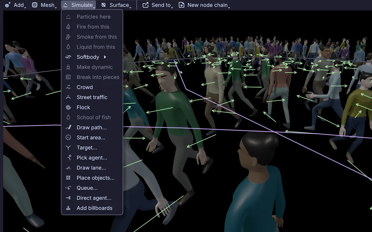 the crowd tools on the Simulate menu, Direct agent among them, over a plaza where a hero's drawn path cuts through the walkers