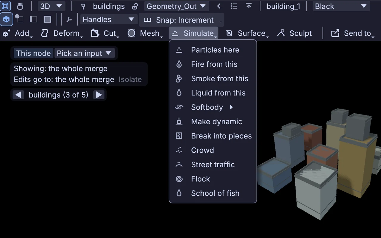 the Simulate menu over a city block's buildings, with Crowd, Street traffic, Flock and School of fish