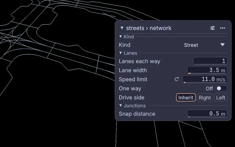 the network four drawn curves became: lanes, sidewalks and crosswalks, with the speed limit on the network's card