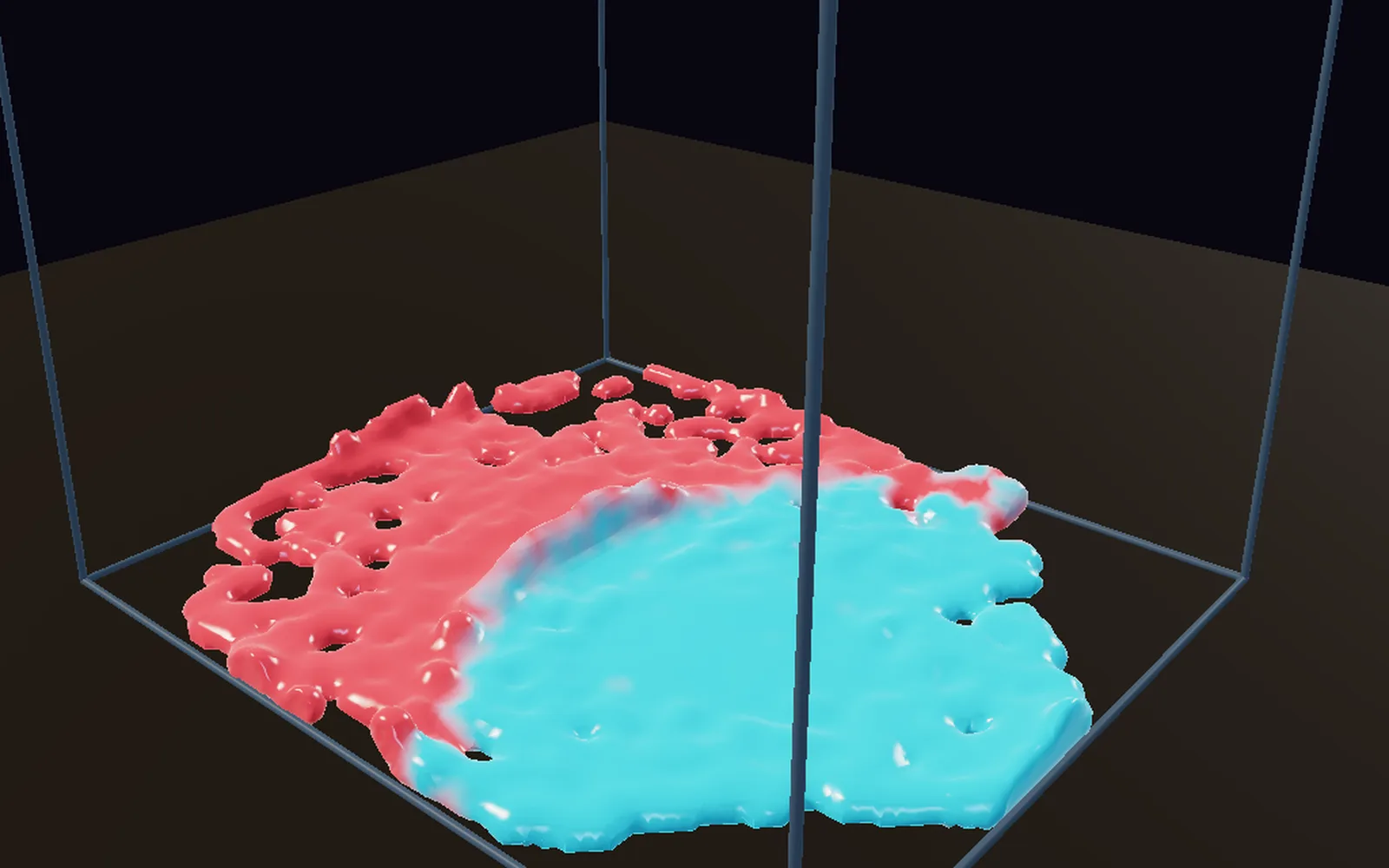 Red and teal liquid paint mixing in a tray
