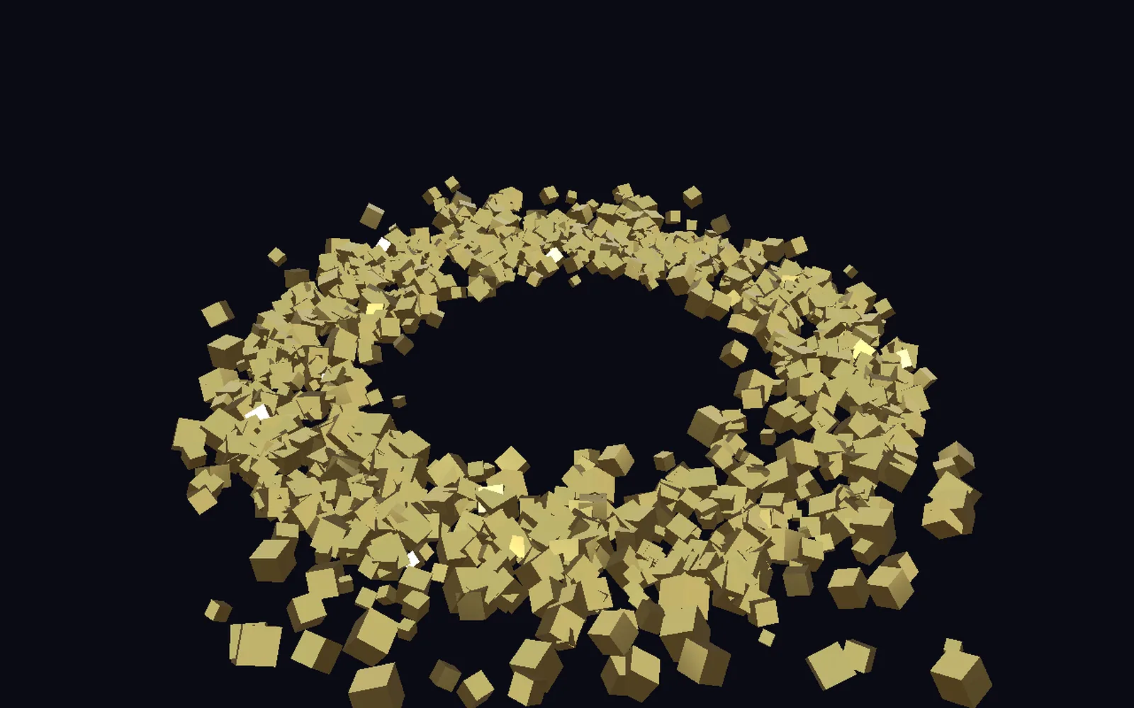 gold boxes tumbling in orbit around a center