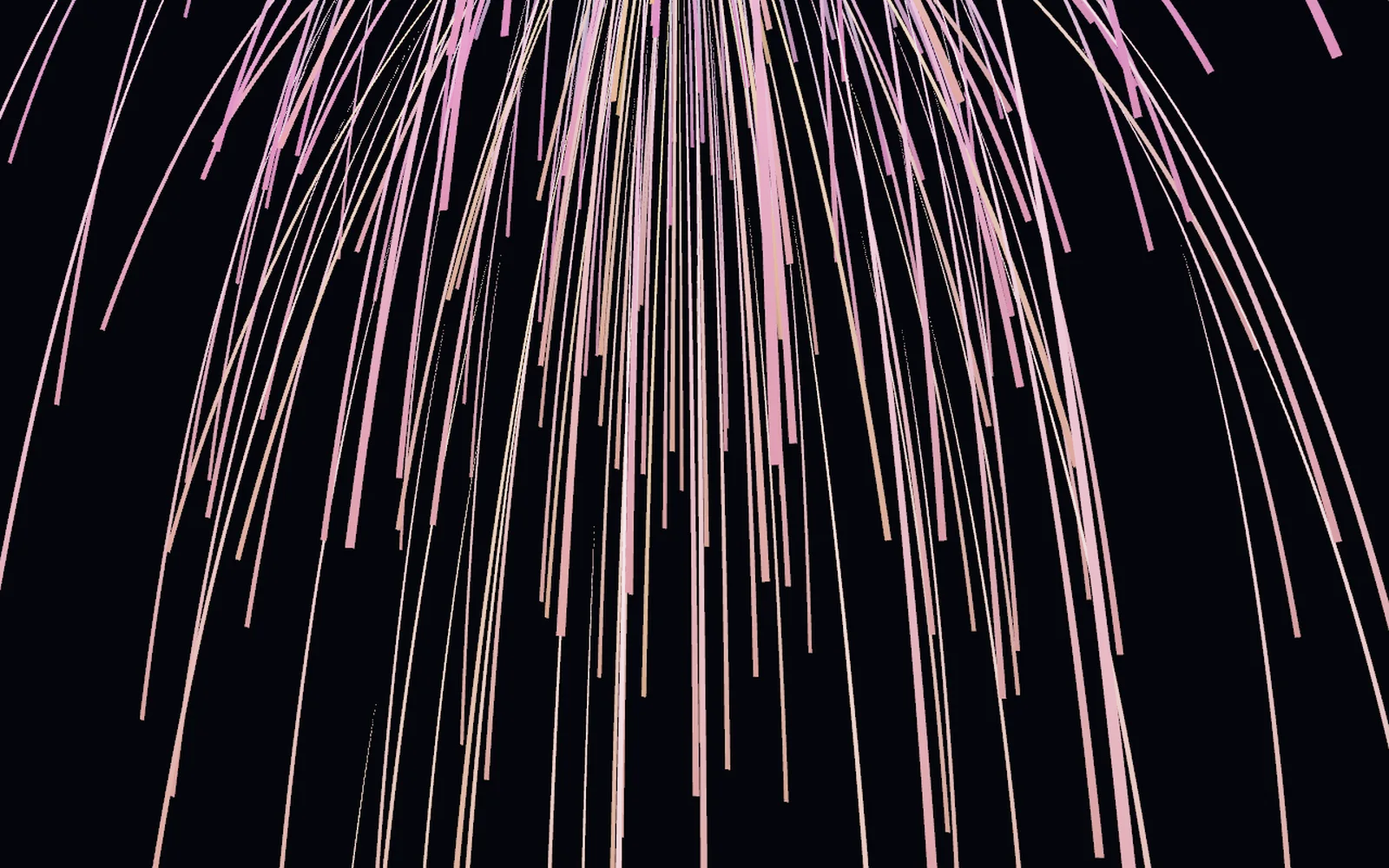 a curtain of light ribbons, one behind every falling particle