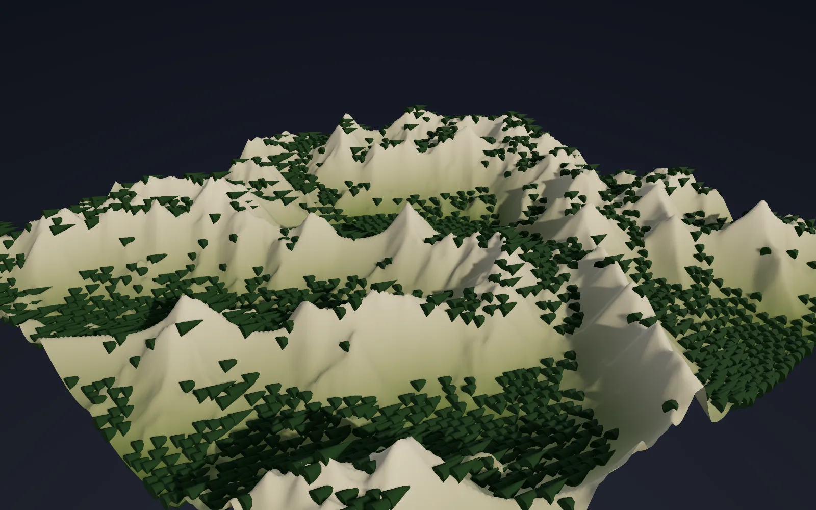 trees on the gentle ground, bare rock on the steep ridges