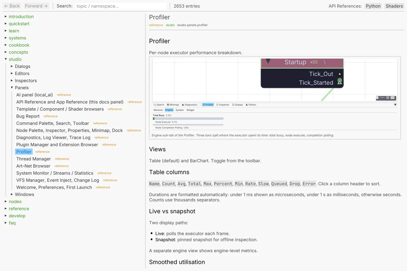 The docs panel in the app: sections down the left, a page on the right