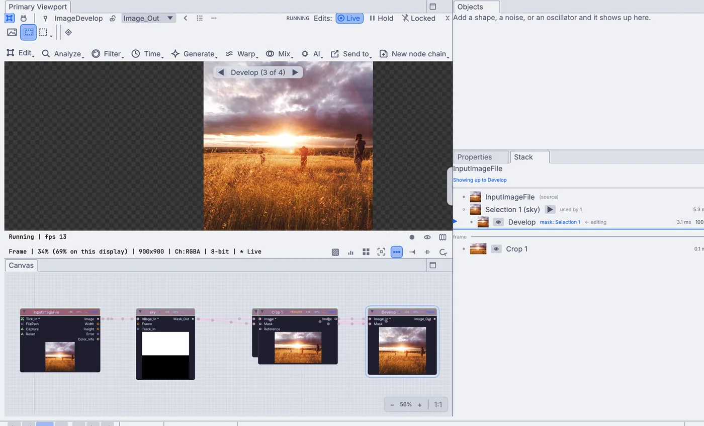 Kinematic with a sunset photo in the viewport, its edit steps on the canvas below and in the step list at the right