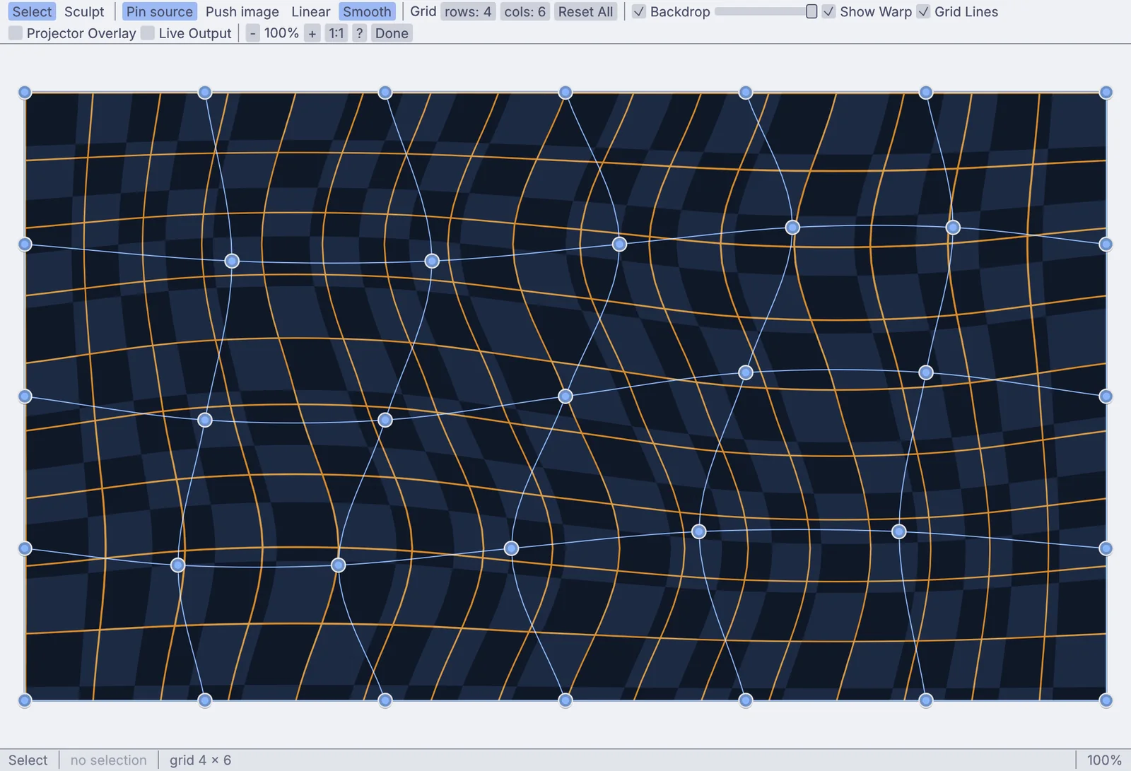 the Grid Warp editor, its grid sculpted into waves