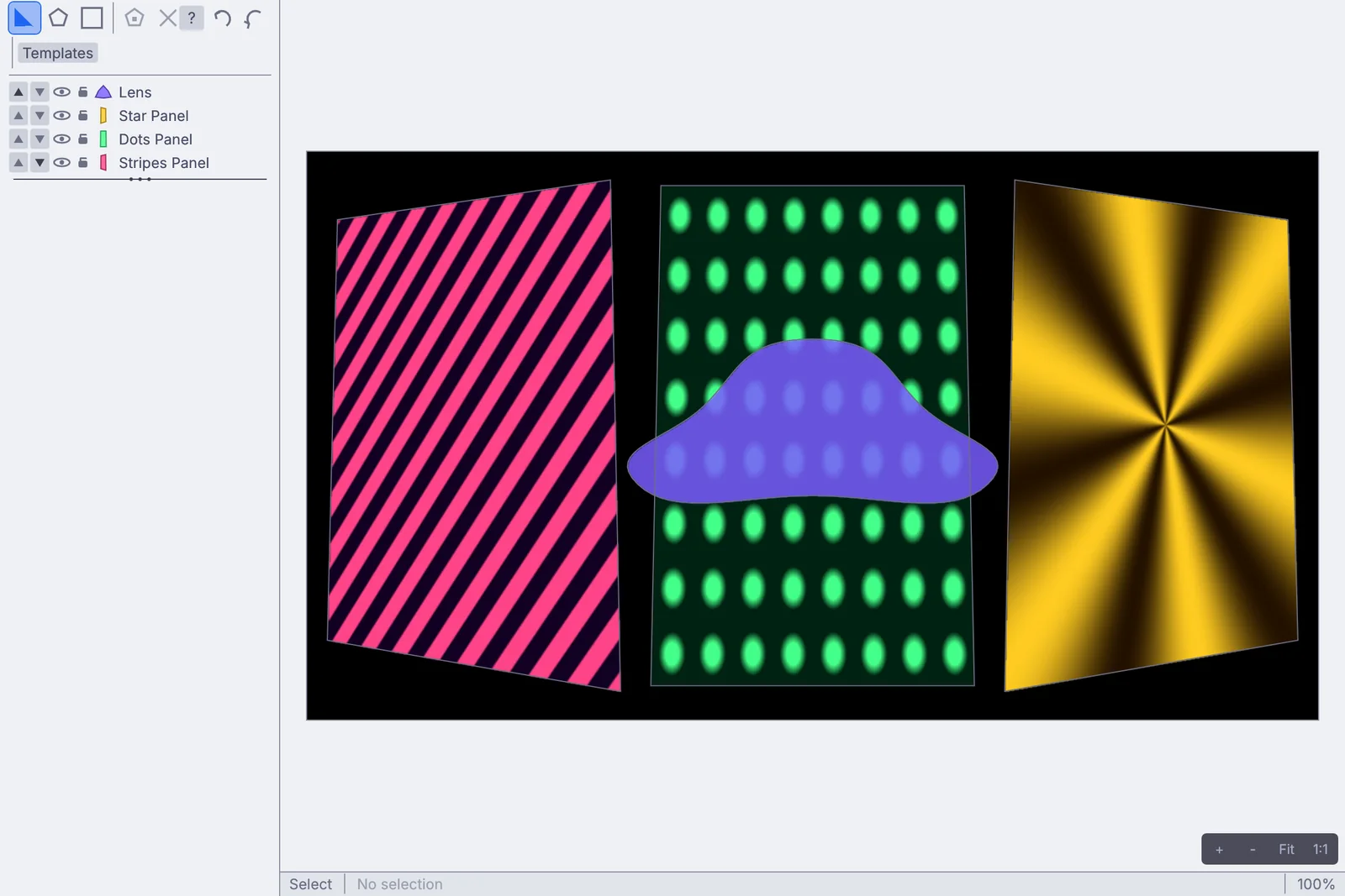 the Projection Mapper: three tilted panels, each with its own pattern