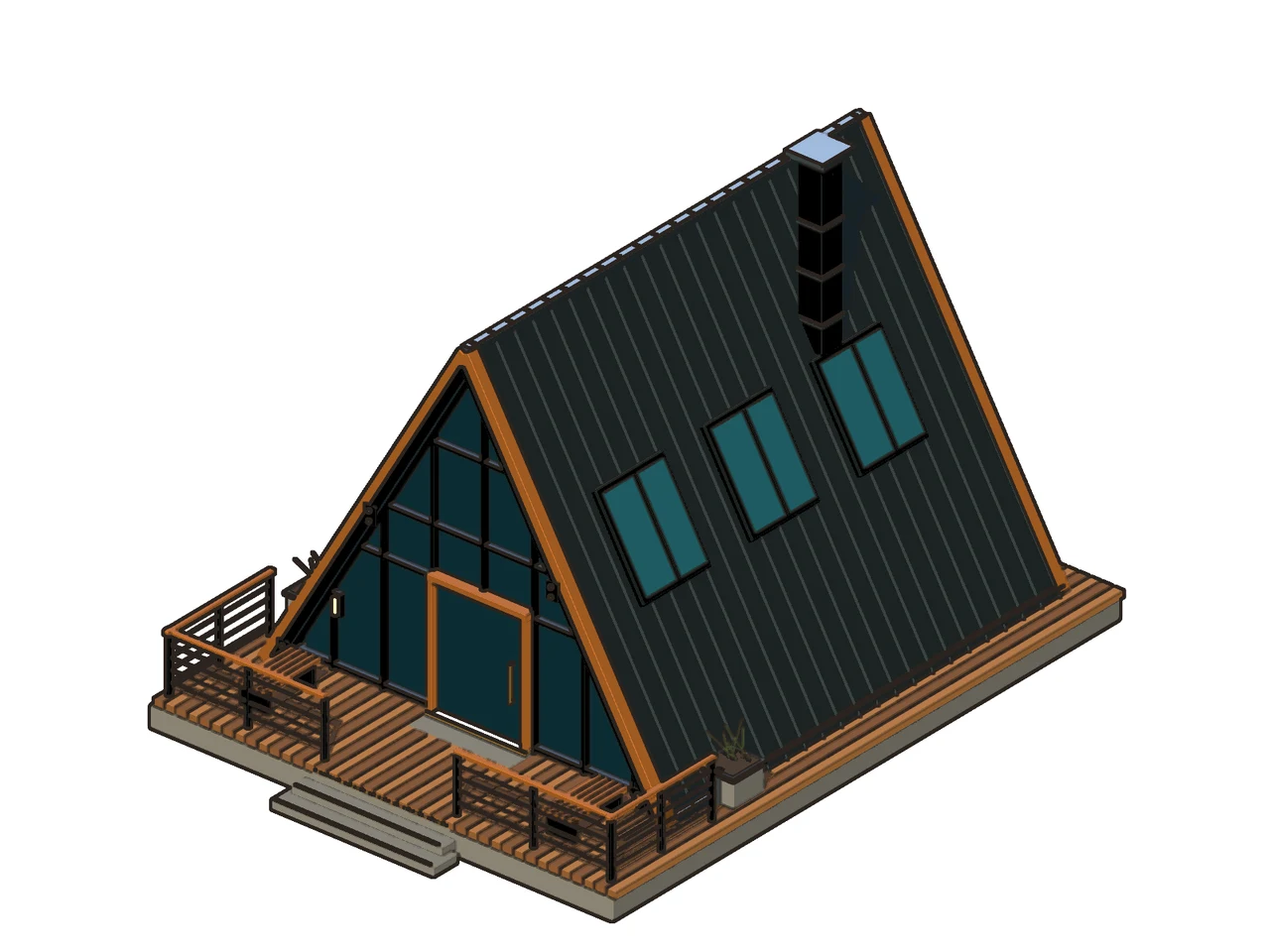The same cabin through Toon shade: flat bands of color with dark inked outlines on white