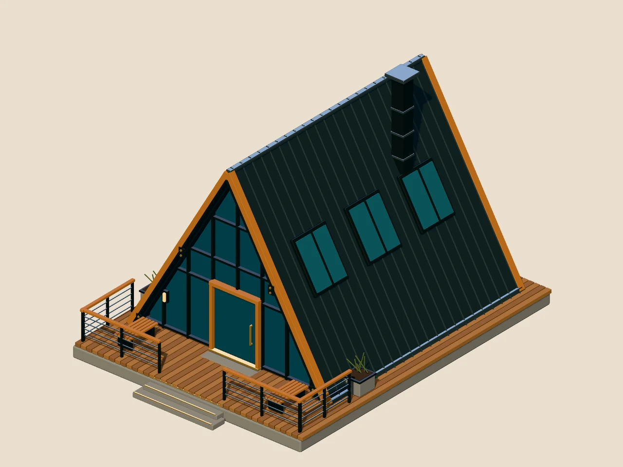 An A-frame cabin with a dark metal roof, a glass front and a wooden deck, drawn in isometric view on a warm paper color