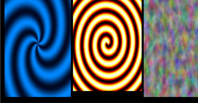 three screens, each showing its own moving pattern