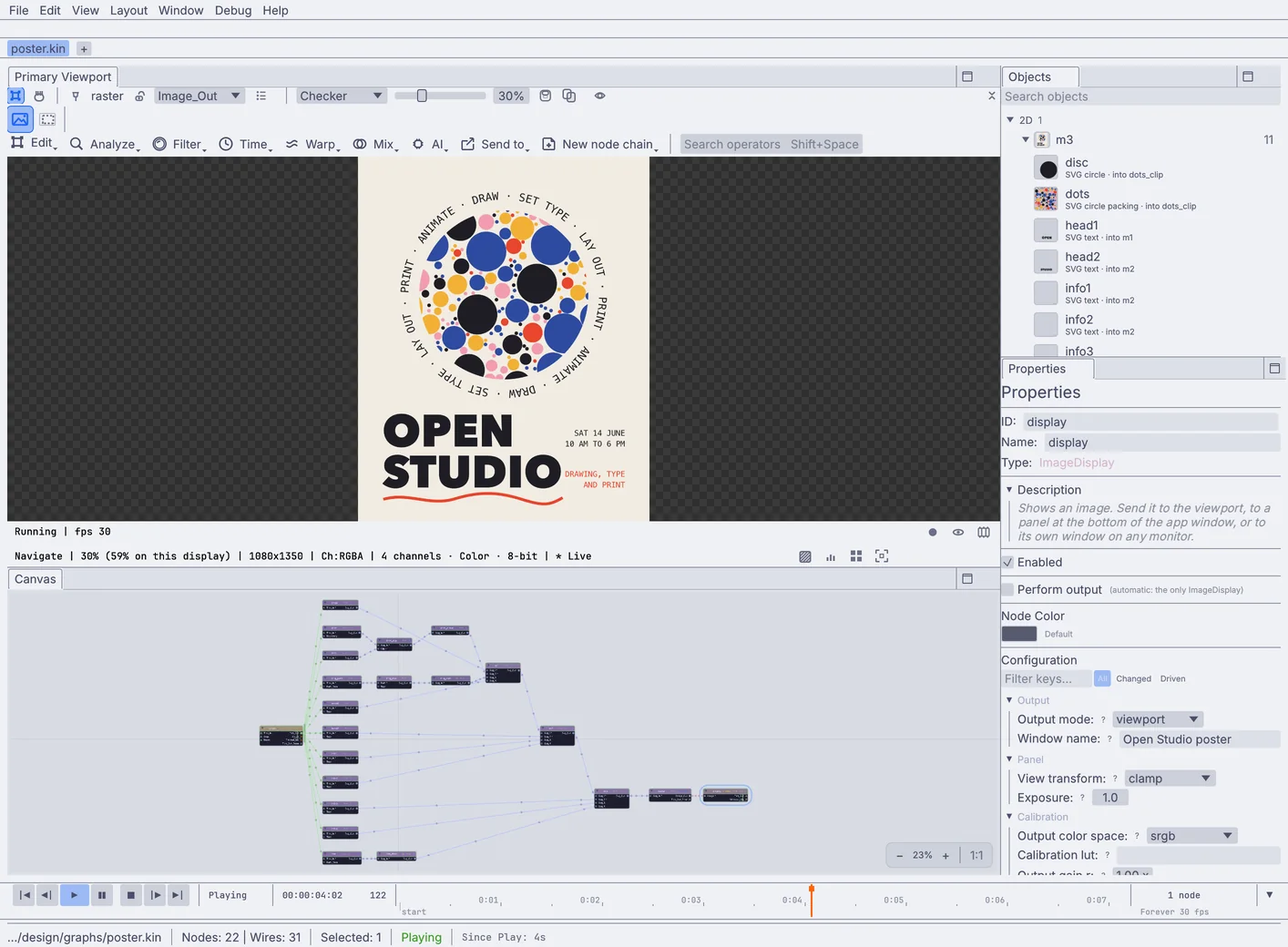 a poster called Open Studio: packed circles in a disc, a ring of words turning around it, and an underline that draws itself on