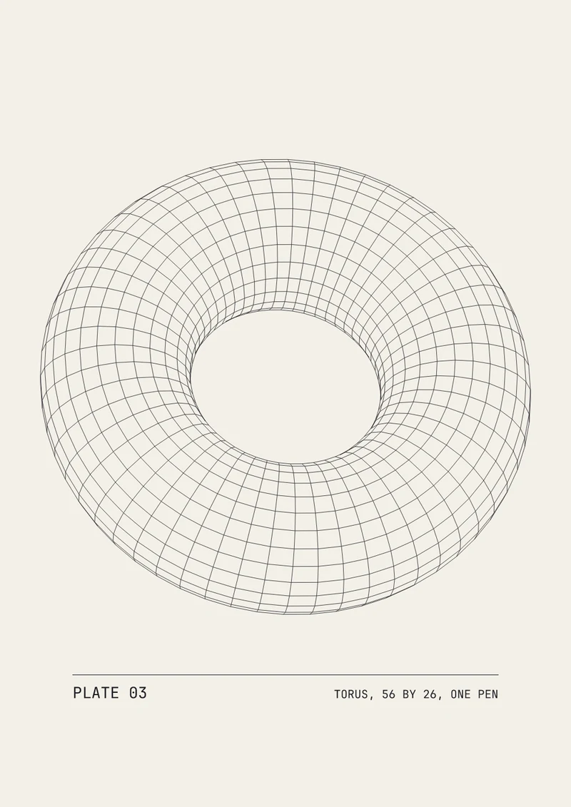 a plotter sheet: a torus flattened into thin ink lines on paper, its label below set in outlined type