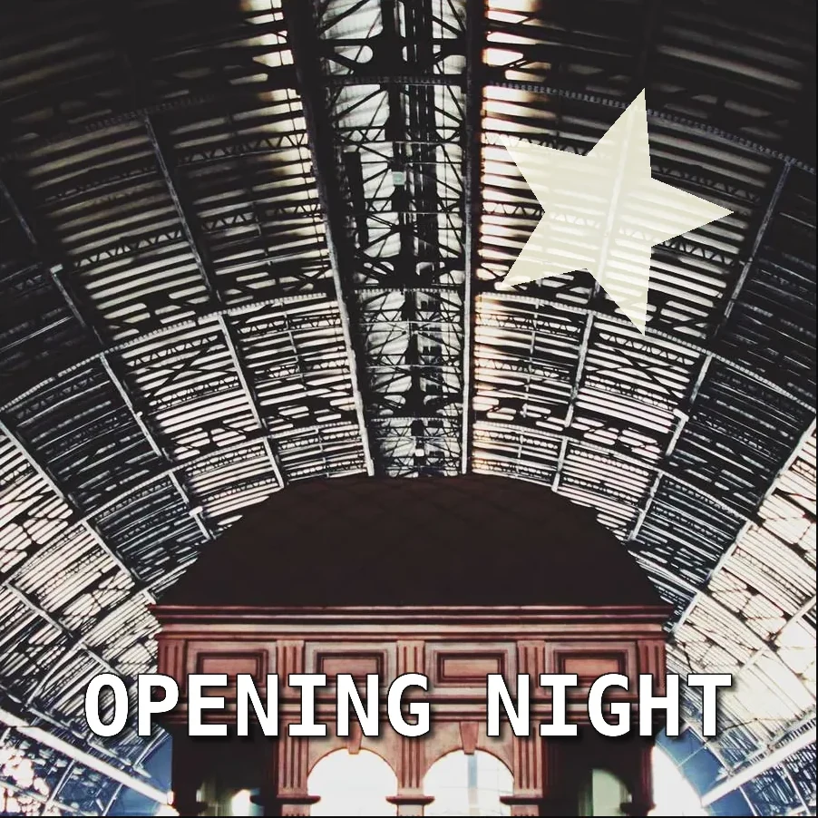 a poster: a star with a glow clipped inside it and a stroked, shadowed title over a station roof