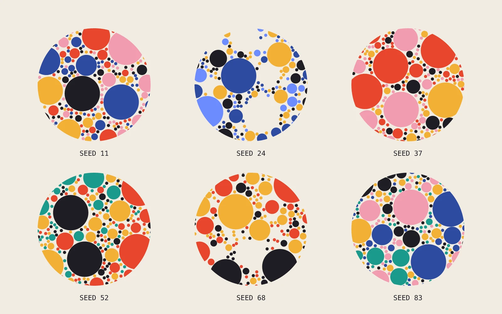 six discs of packed circles from one setup, each with its own seed and palette, labeled SEED 11 to SEED 83