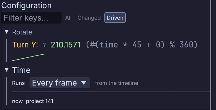 Properties filtered to driven settings: Turn Y follows #(time * 45 + 0) % 360, with its value and a small graph of the last few seconds