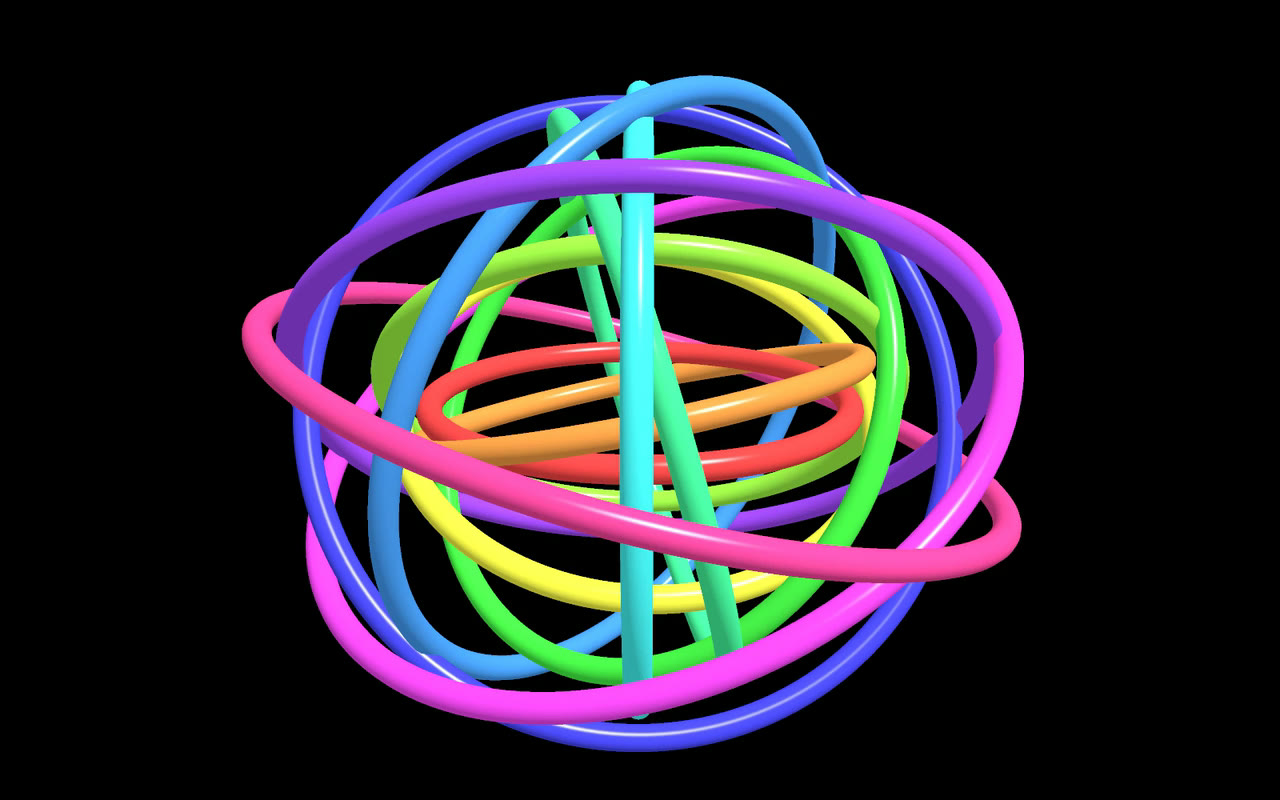 Twelve colored rings turning around one another, each at its own speed