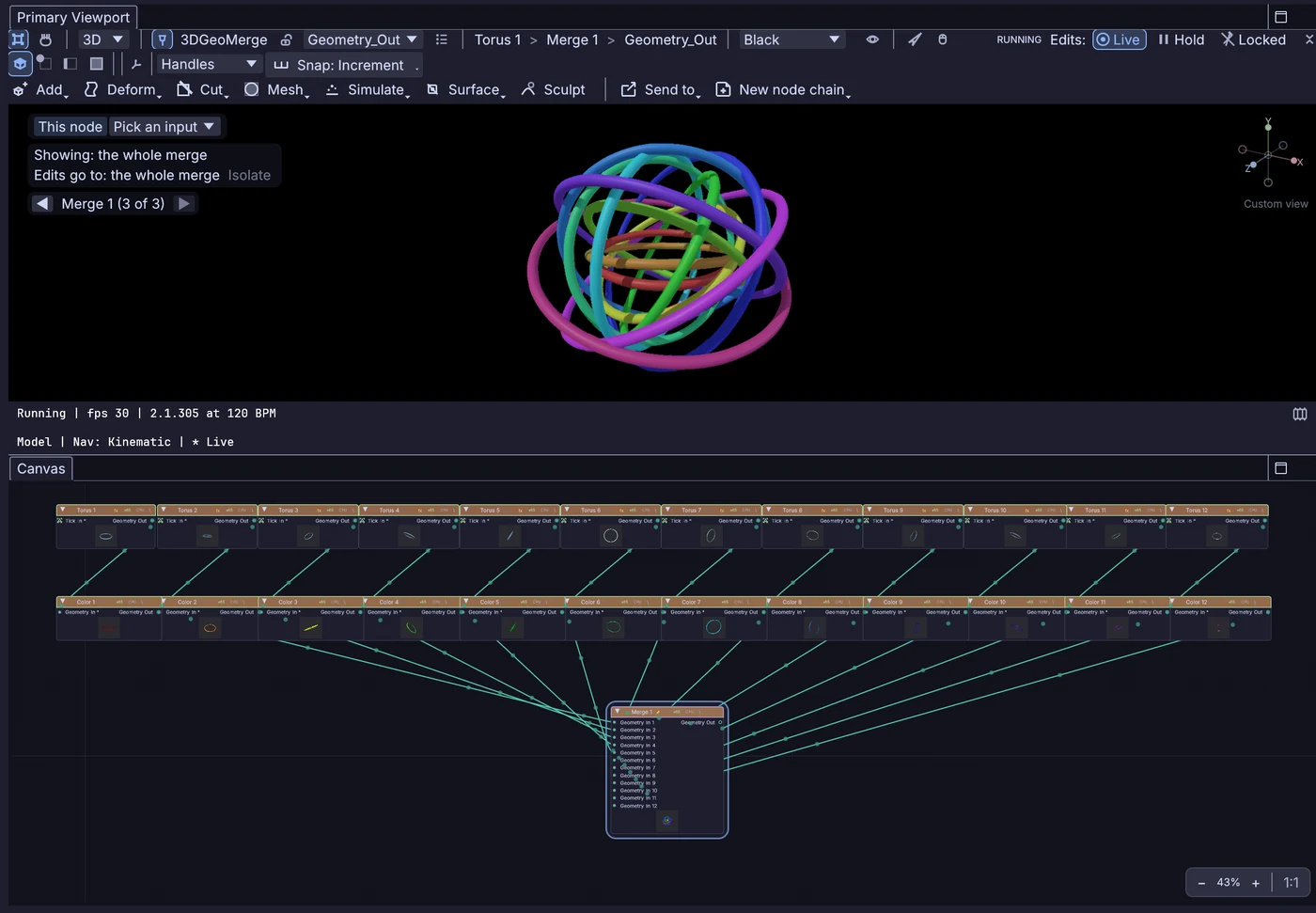 Kinematic after rings.py ran: the viewport shows the rings, the canvas shows twelve Torus nodes, twelve Color nodes and one Merge, all wired