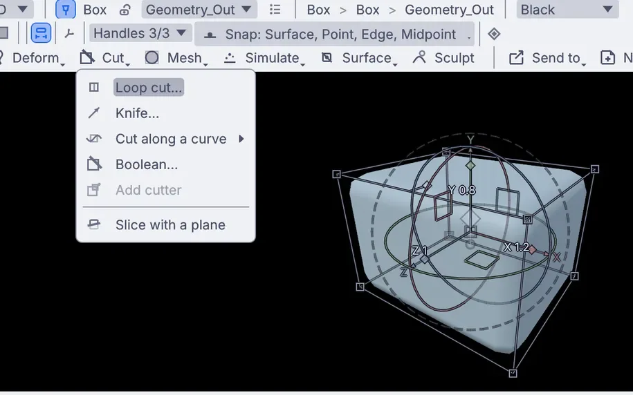 The Cut menu open over a rounded box with its move handles: loop cut, knife, cut along a curve, boolean and slice with a plane
