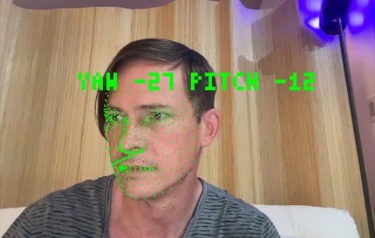 a face on a webcam, with the angle it is looking at written over it