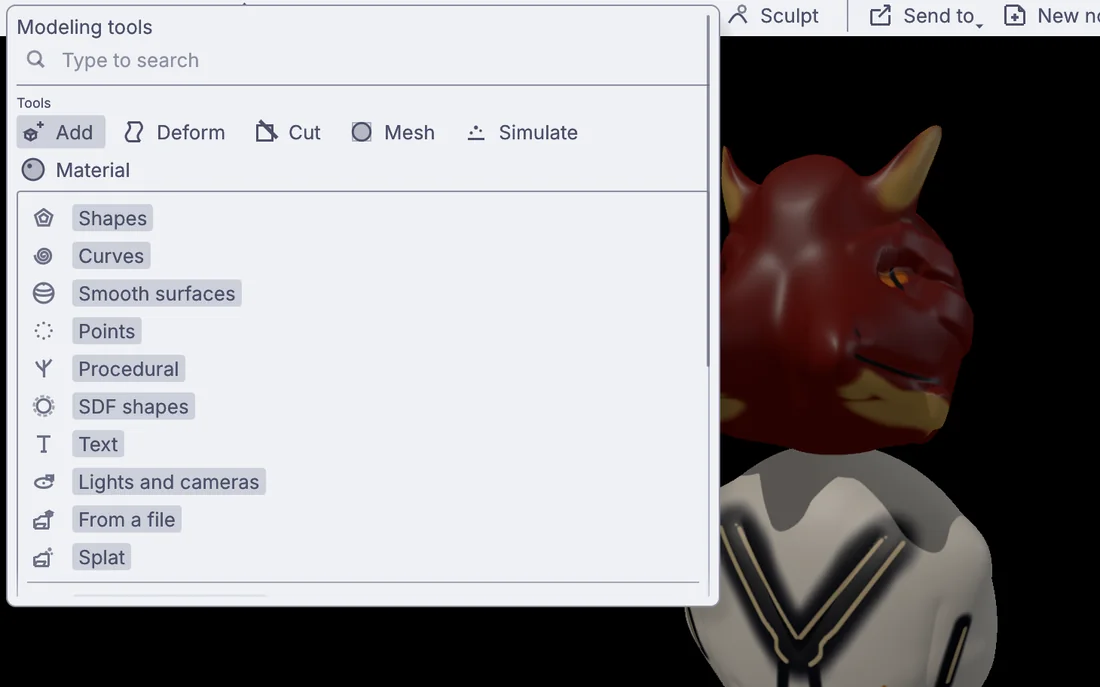 The Modeling tools menu open over a sculpted dragon bust