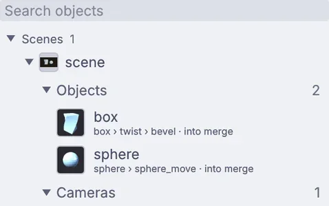 The Objects panel listing a scene with a box and a sphere