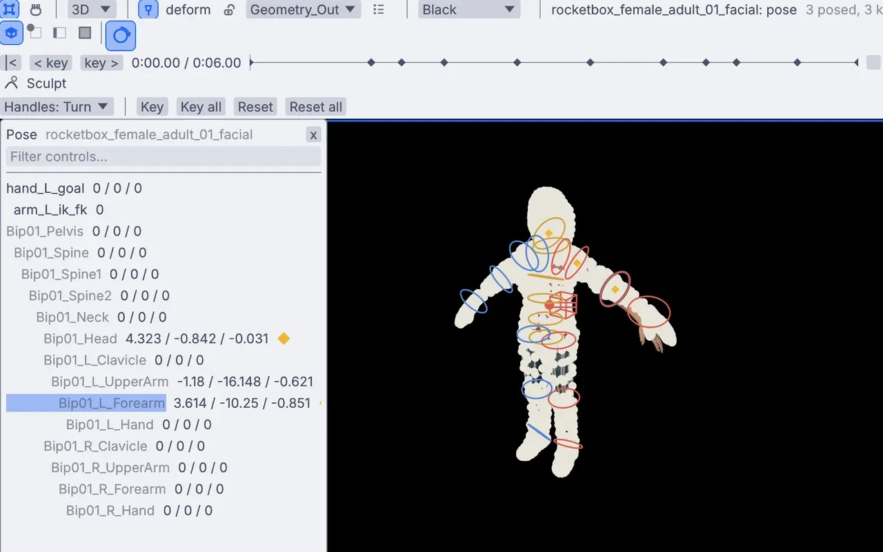 The Pose tool on a character: a list of controls with values, a time strip with keys, and Key and Key all buttons