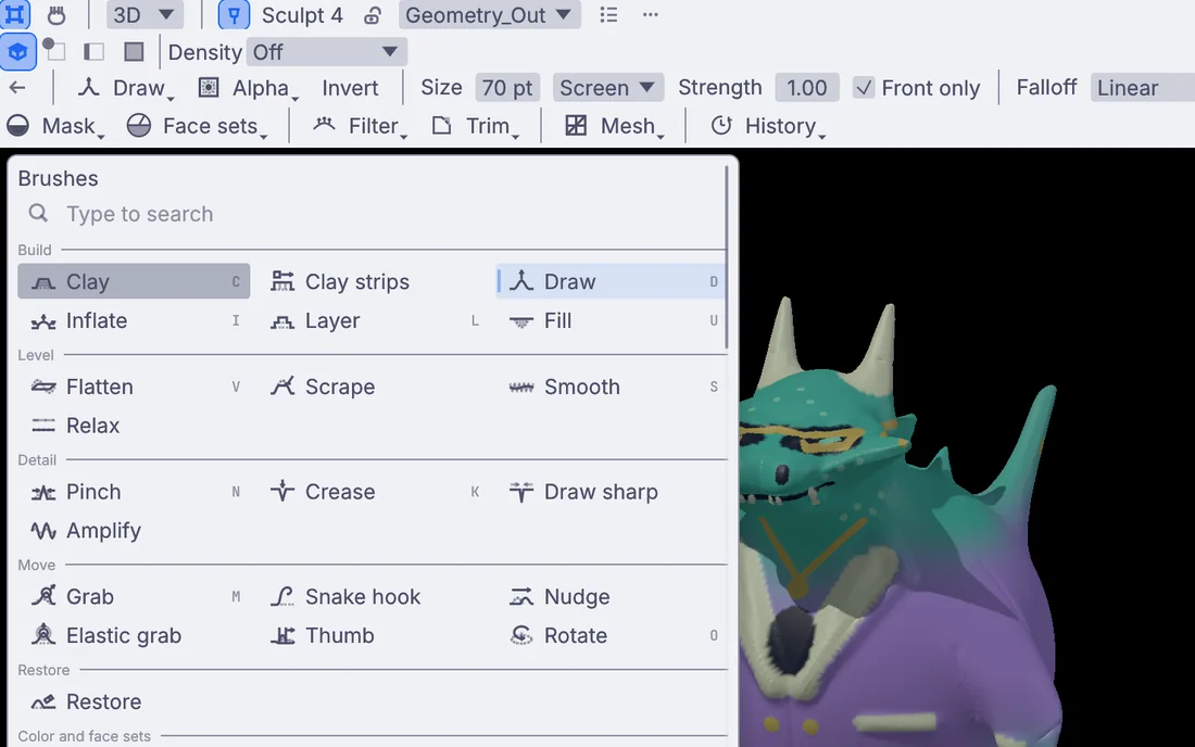 The Brushes list open over a painted dragon: Clay, Clay strips, Draw, Crease, Snake hook, Grab and more