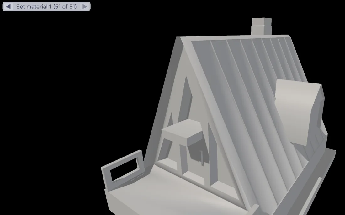 An A-frame cabin with the step arrows reading Set material 1, 51 of 51
