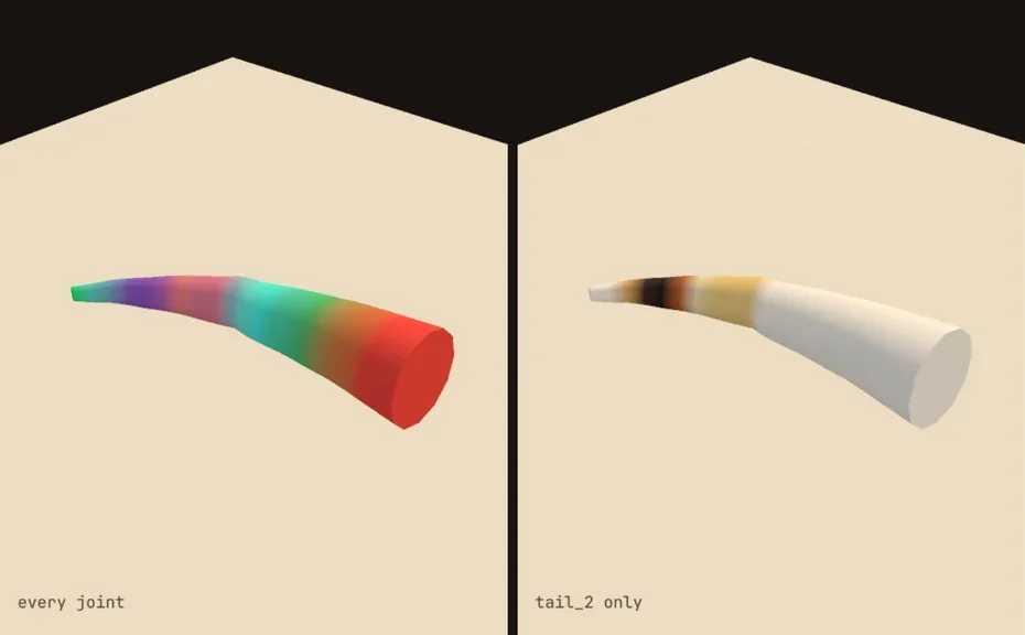 A tail with every joint weight in its own color, then one joint on its own