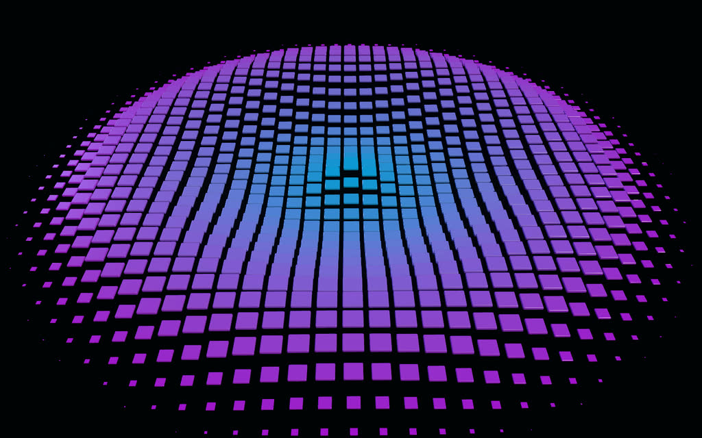 Rounded tiles flipping in ring by ring from the center, rippling, then folding away