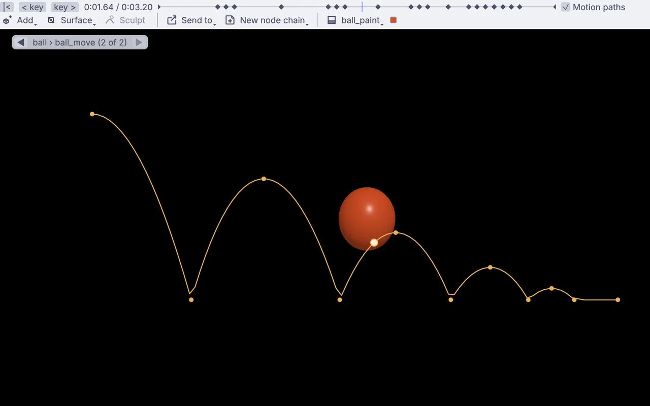 A ball keyed in the Kinematic viewport, bouncing along its motion path with a bead on every key