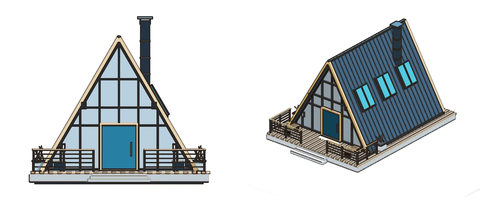 The cabin as a front elevation and as an axonometric view, drawn with dark outlines on white
