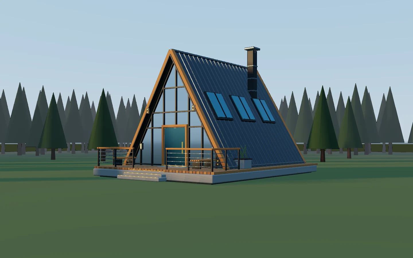 The A-frame cabin seen level from eye height in late sun, a pine forest behind it