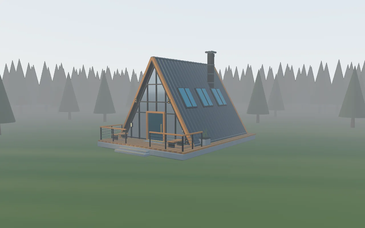 The A-frame cabin in morning fog, the pine forest fading to gray behind it