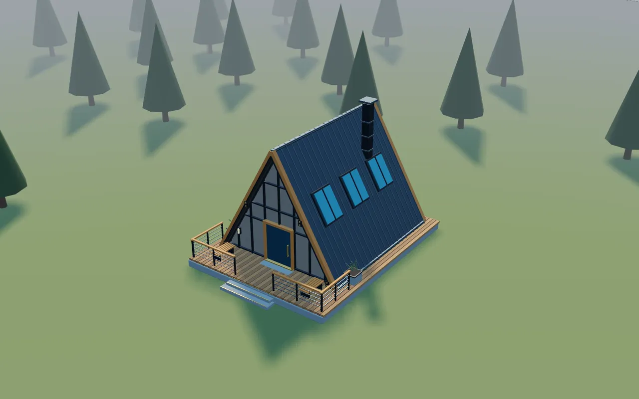 An A-frame cabin among pine trees seen from above while the sun swings from morning to evening and every shadow sweeps across the grass