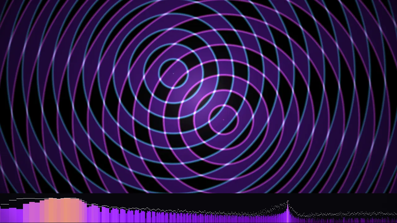 two sets of rings crossing into a moire pattern that pulses with a beat: each kick fills the crossings with violet and pulls the rings tighter, with the beat's spectrum running along the bottom