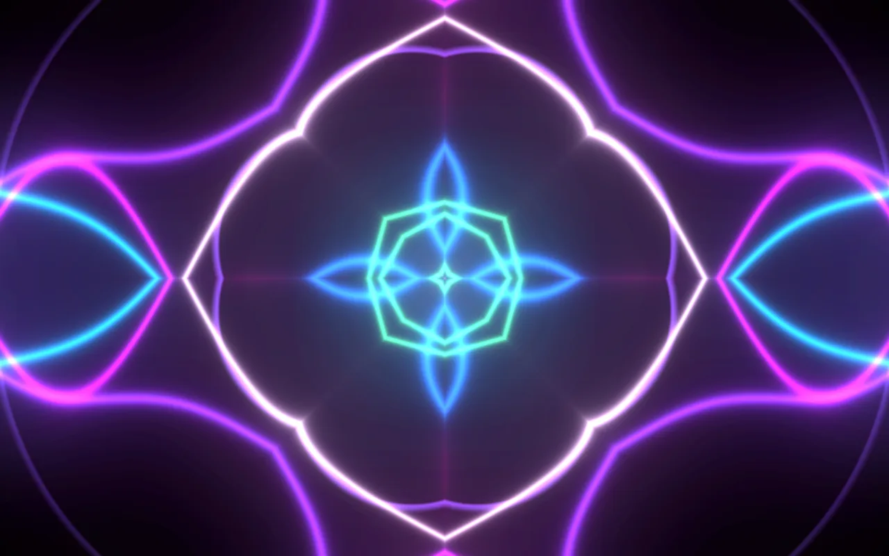neon lines folded into eight mirrors, pulsing at 124 BPM
