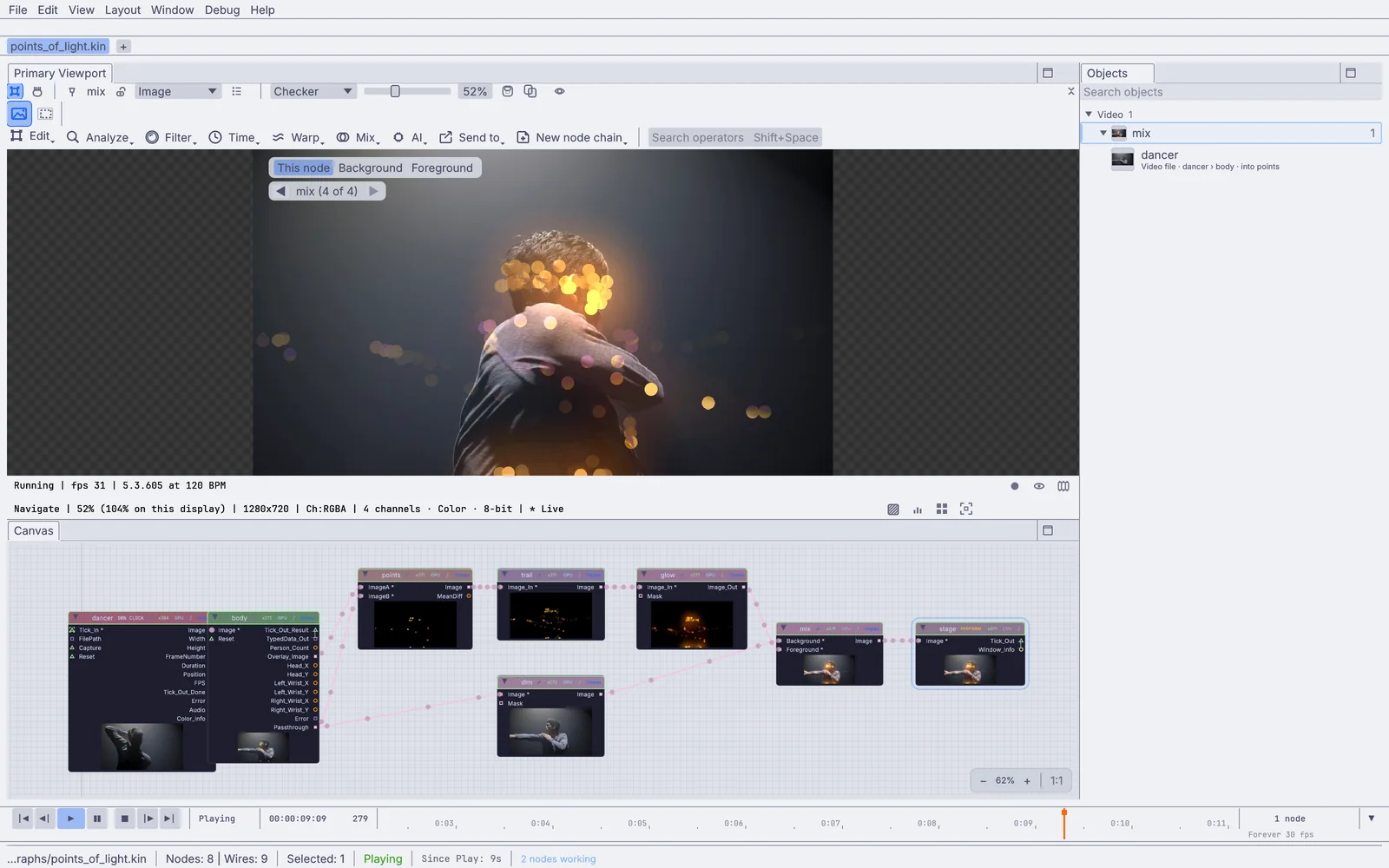 The editor playing a dancer video with points of light on his joints, and the eight nodes that make it on the canvas below