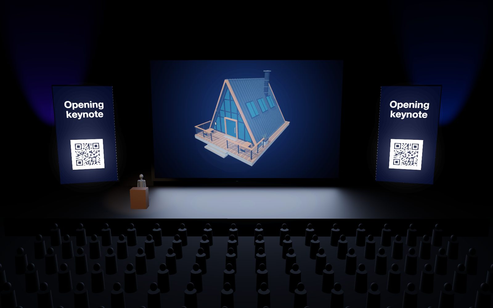 A keynote hall in 3D: a full house, a presenter at the lectern, the new product turning on the big screen, and the session title with a QR code on the side screens