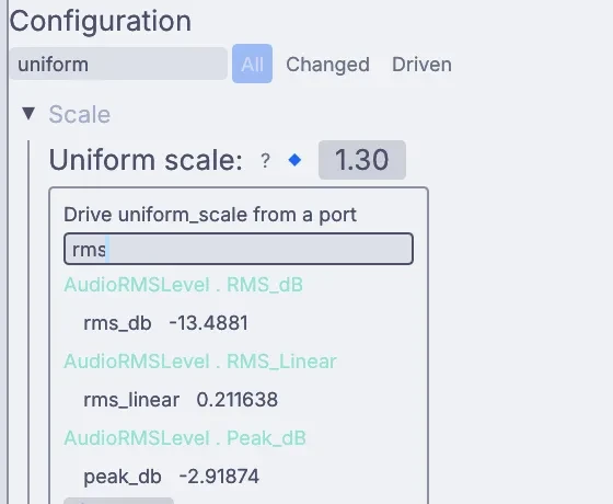 A setting with its Drive from a port list open, showing the live level of a song
